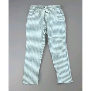 Yeva Stripe Linen White Gray Pants Drawstring Pockets 32-34 In. Waist
